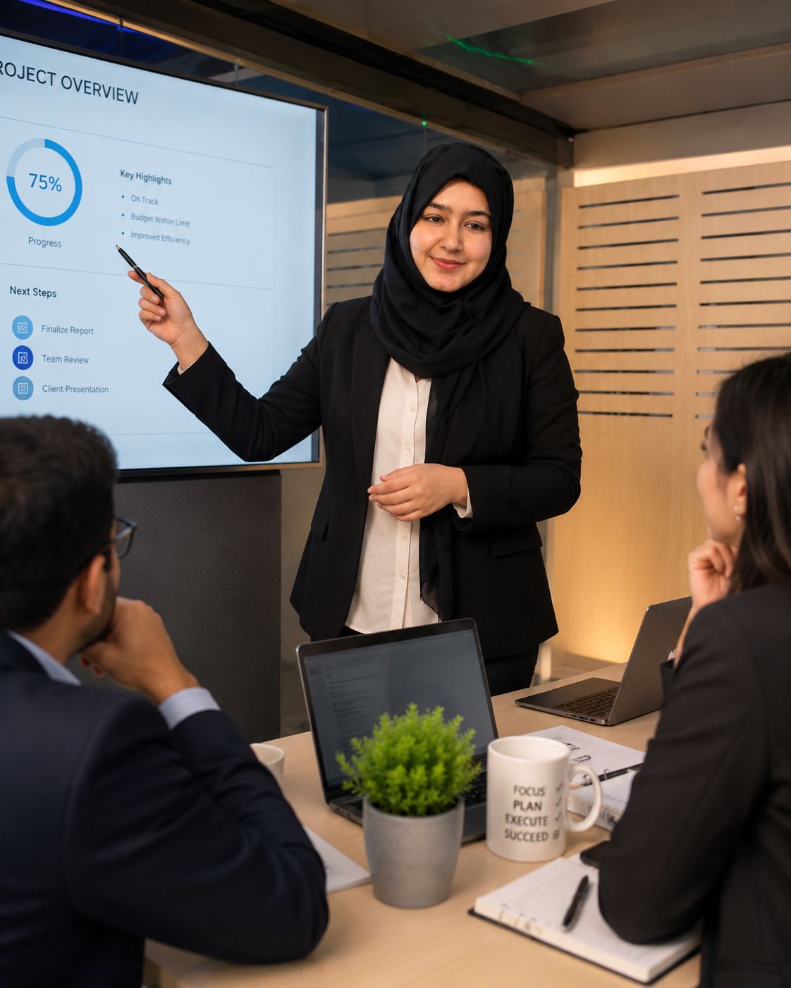 Hafiza Sidra Javid presenting a project review to a client team
